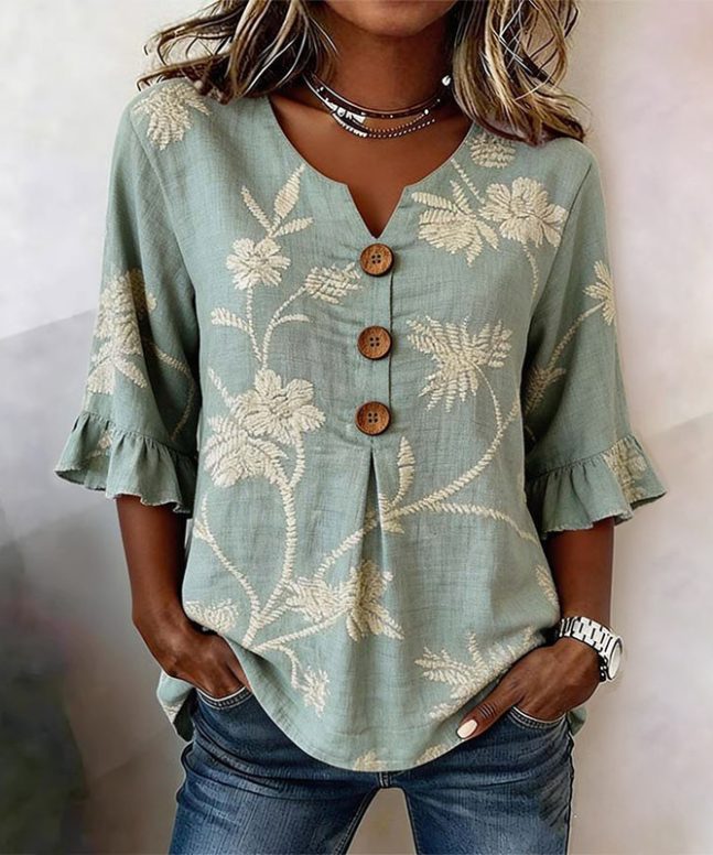 Boho Floral Print Button V-neck Blouse With Ruffle Sleeves