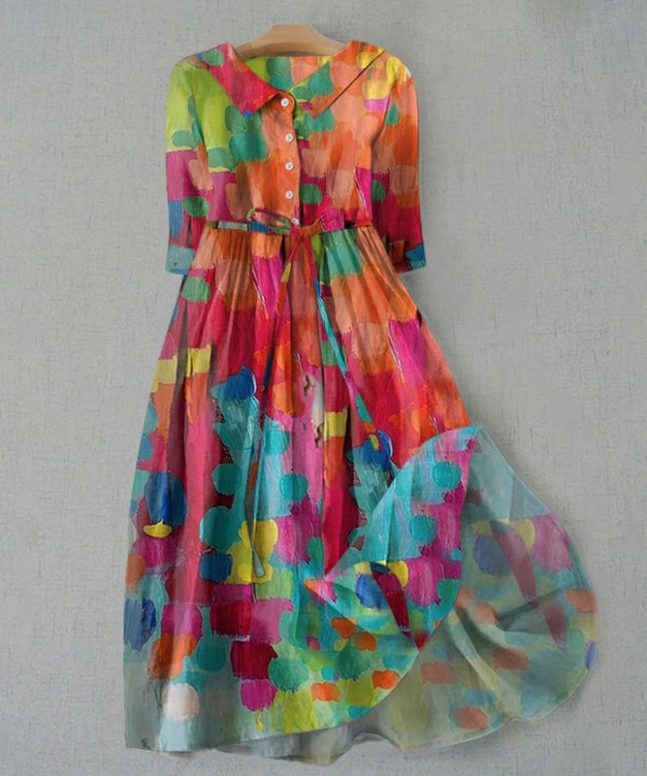 Women's Vintage Multicolor Floral Print Casual Lapel Dress