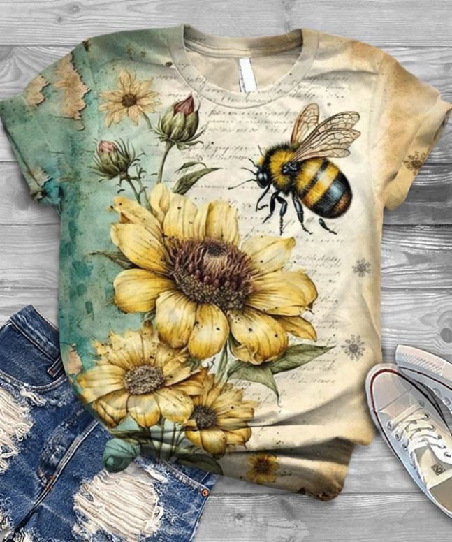 Women's Vintage Bee Sunflower Print T-shirt
