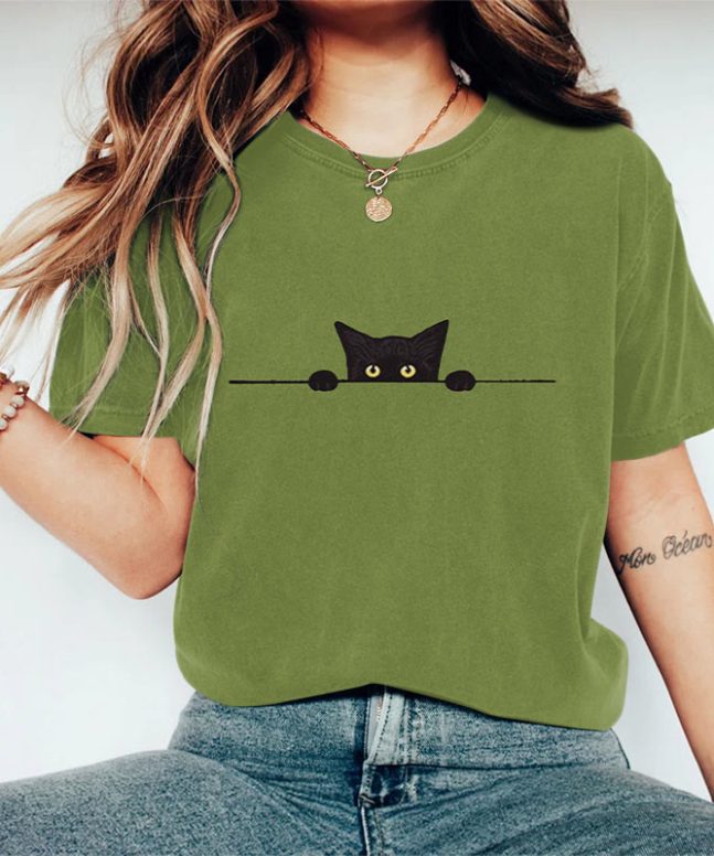 Women's Casual Black Cat Print Short Sleeve T-shirt