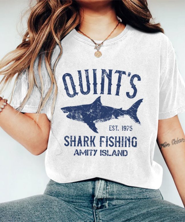Vintage Quint's Shark Fishing Amity Island Graphic Print Casual Short Sleeve Crew Neck T-shirt