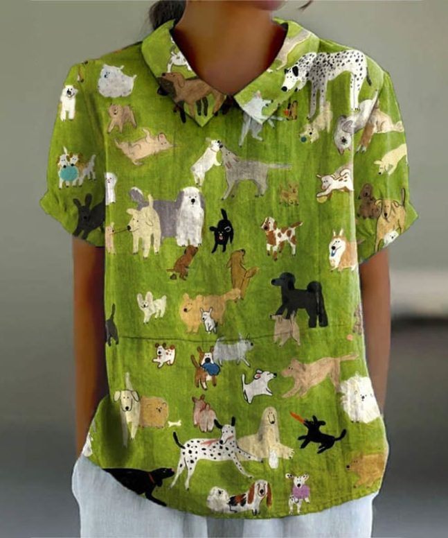 Women's Oil Painting Lovely Pet Dogs Art Print Casual Lapel Loose Blouse