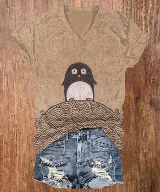Retro Japanese Style Wave Penguin Print Casual V-neck T-shirt