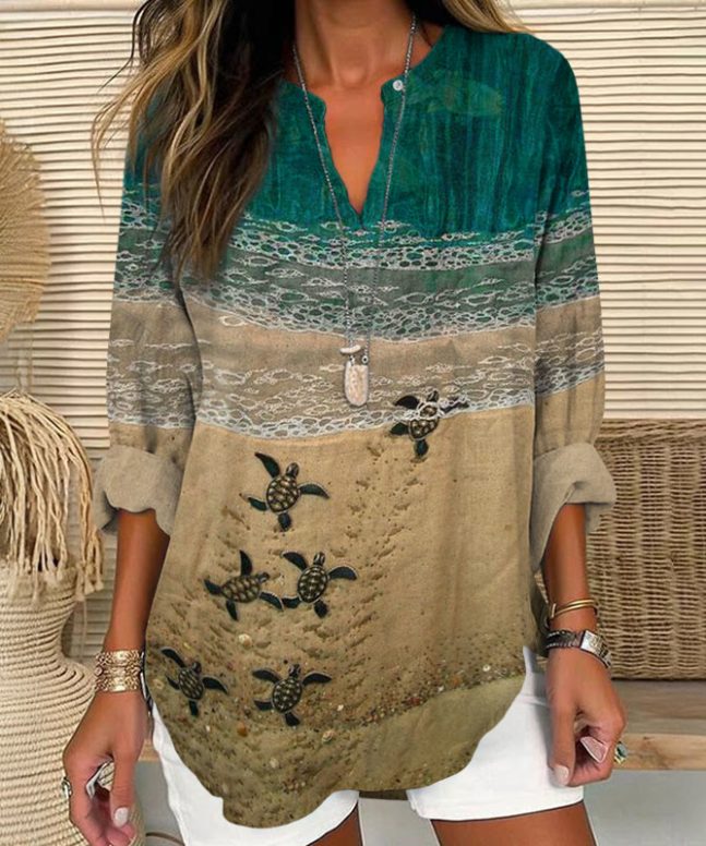 Baby Sea Turtles Beach Fiber Art Print V Neck Long Sleeve Blouse