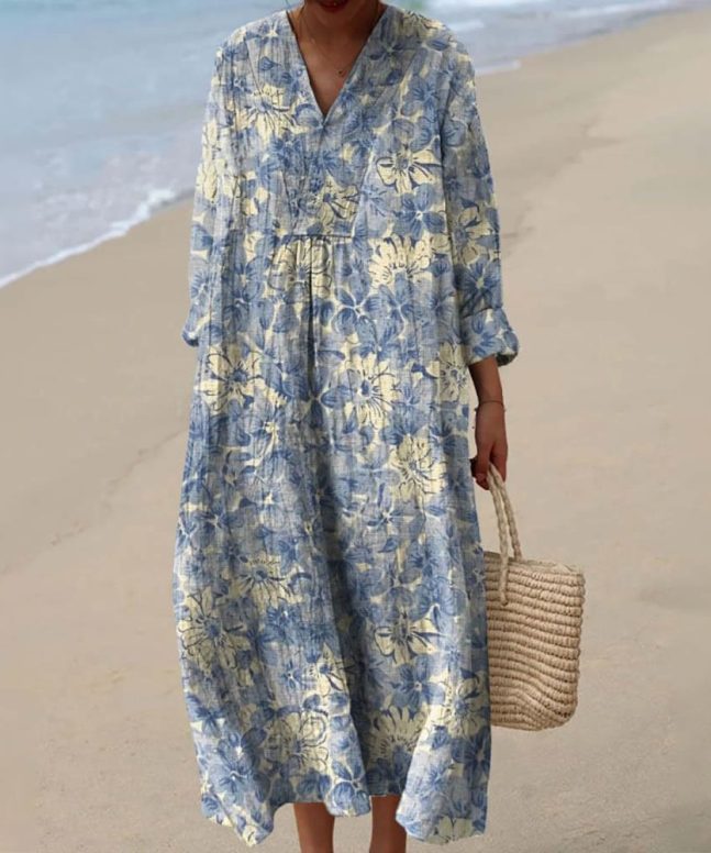 Women's Retro Blue Sakura Art Print V-neck Long Sleeved Casual Midi Dress