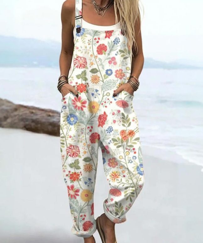 Women's Vintage Flowers Art Print Casual Wide Leg Jumpsuit