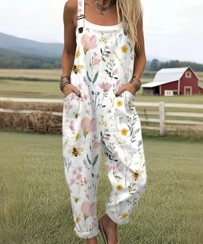 Women's Vintage Floral Bee Art Print Casual Wide Leg Jumpsuit