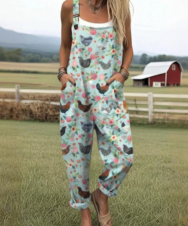 Women's Farm Chicken And Floral Pattern Casual Cotton Wide Leg Jumpsuit