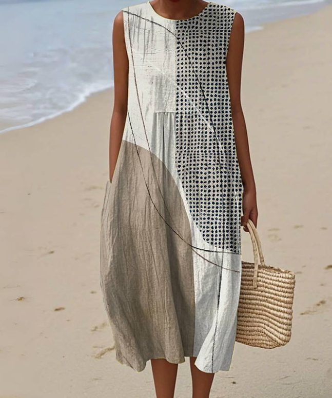 Women's Abstract Geometric Pattern Art Print Sleeveless Cotton Pocket Wrap Dress