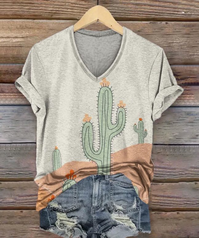 Vintage Desert Cactus Print V-neck T-shirt