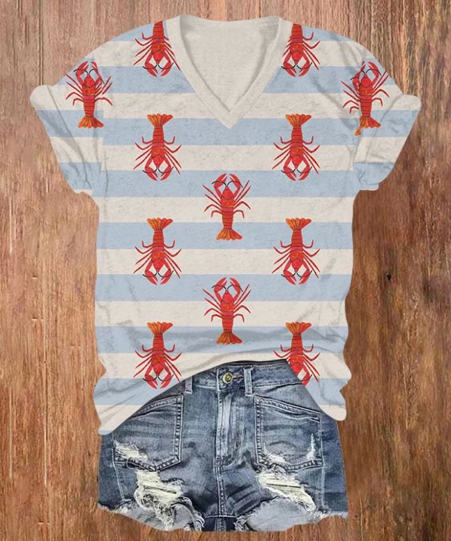 Vintage Blue Striped Lobster Art Print V-neck T-shirt