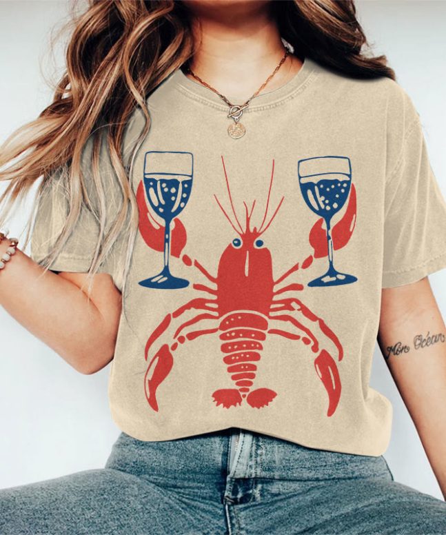 100% Cotton Women's Lobster Holding Wine Glass Art Print Casual T-shirt