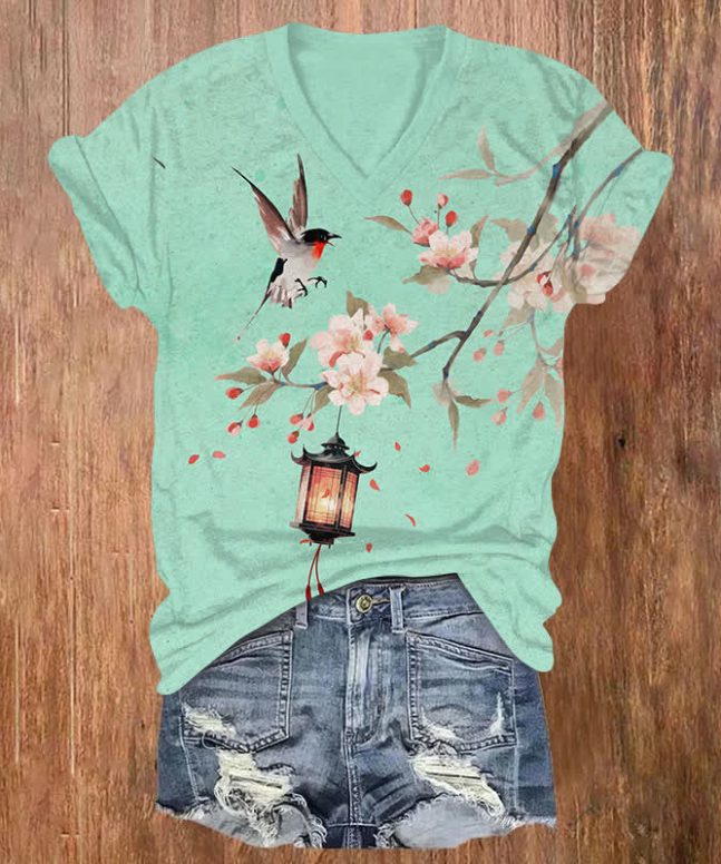 Japanese Watercolor Sakura Lantern & Flying Bird Print V-neck T-shirt