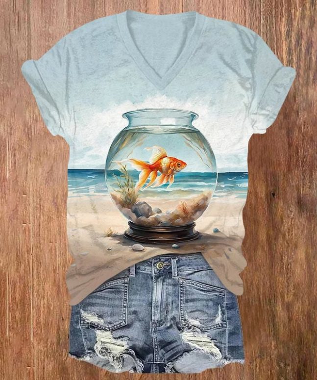 Gold Fish Print V-neck T-shirt
