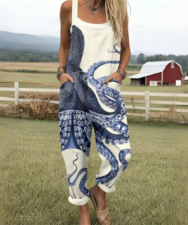 Japanese Art Octopus Graphic Print Wide Leg Jumpsuit