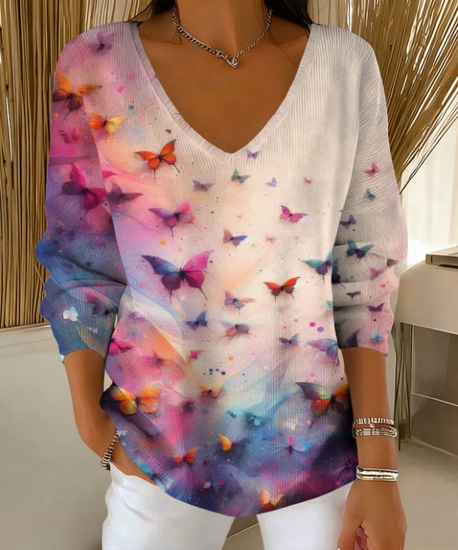 Gradient Colored Butterfly Art Pattern V-Neck Long Sleeved Sweater