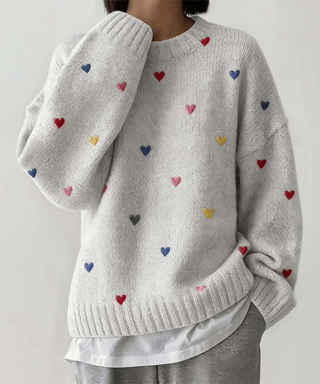 Valentine's Day Colorful Hearts Full Print Casual Pullover Sweater