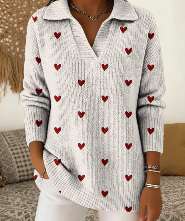 Valentine's Day Small Heart Pattern Print Polo Collar Long Sleeved Sweater