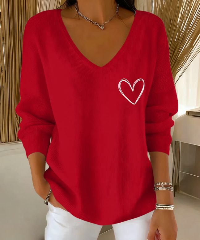 Valentine's Day Comfortable Simple Hearts Pattern Print Causal V-neck Pullover Sweater