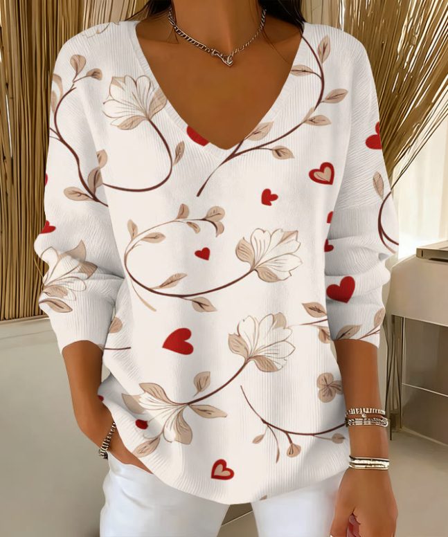 Valentine's Day Floral Heart Print Causal V-neck Pullover Sweater