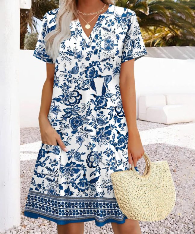 Beach Vacation Blue And White Floral Print V-neck Short-sleeved Dress