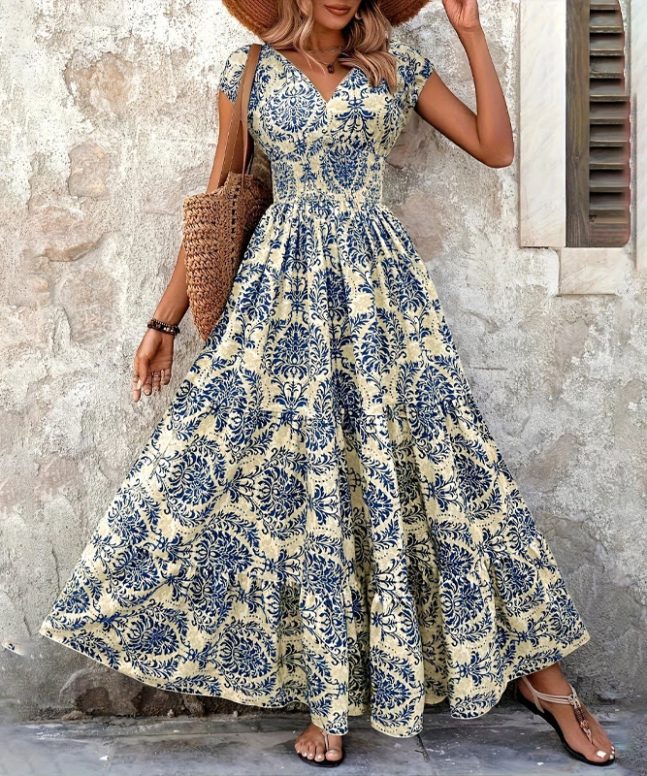 Boho Elegant Ethnic Print V-neck Cap Sleeve Maxi Dress
