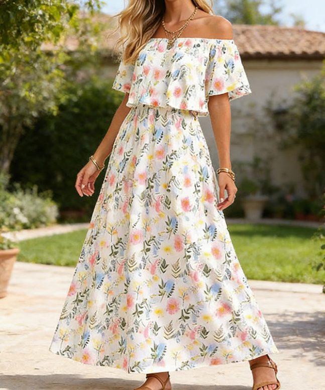 Elegant Watercolor Floral Print Off-the-shoulder Short-sleeve Maxi Dress
