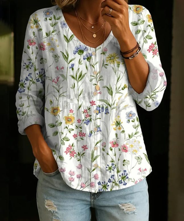 Pastoral Watercolor Flowers And Plants Print Button V-neck A-line Long Sleeve Blouse