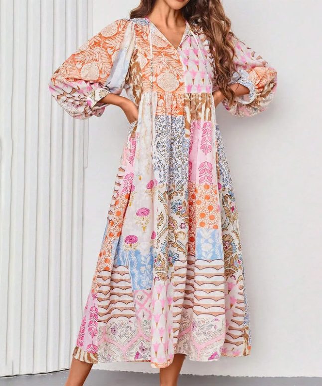 Boho Ethnic Patchwork Patterns Lace-up V-neck Lantern Sleeves Maxi Dress