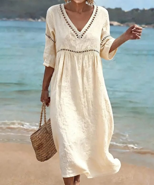 Elegant Solid Openwork Lace V-neck Half Sleeve Maxi Dress