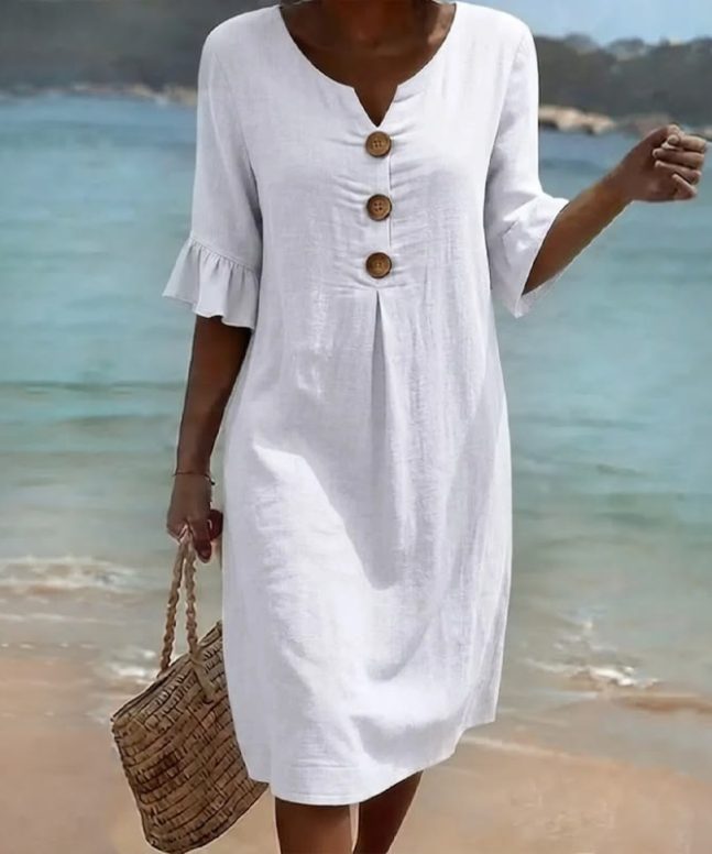 Elegant Cozy Solid Notched Collar Button Ruffled Half Midi Dress