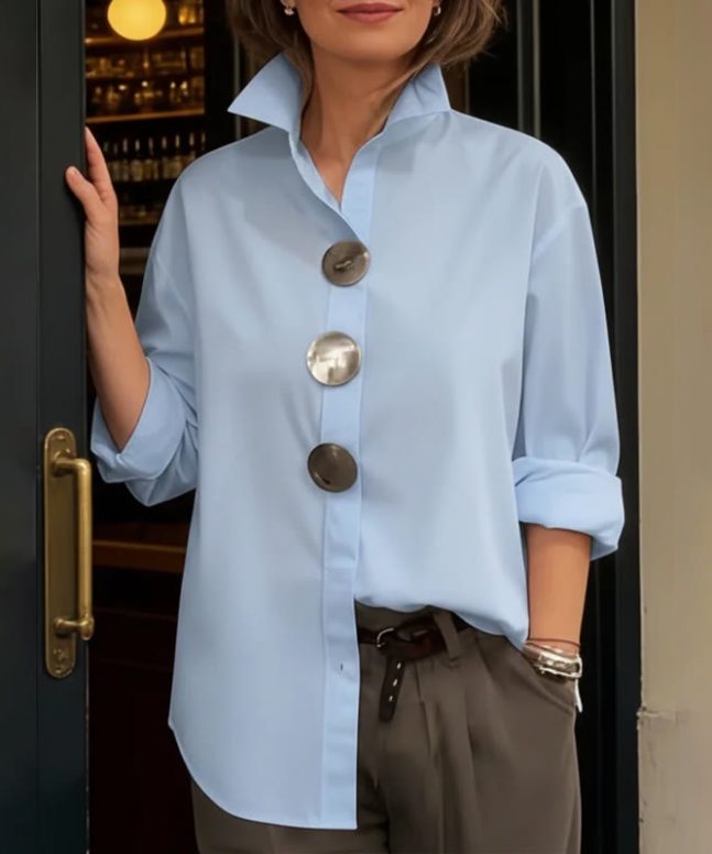 Elegant Solid Oversized Metal Buttons Long-sleeve Blouse