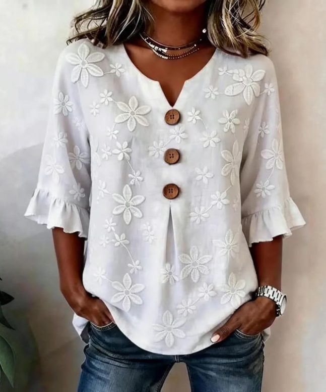 Elegant Lace Pattern Print Button V-neck Blouse With Ruffle Sleeves