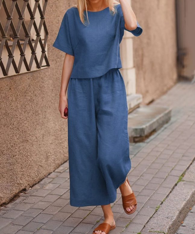Cozy Solid Loose-fitting Half Sleeve Blouse&wide-leg Pants Set