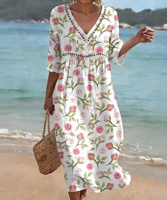 Boho Floral Print V-neck Mid Dress