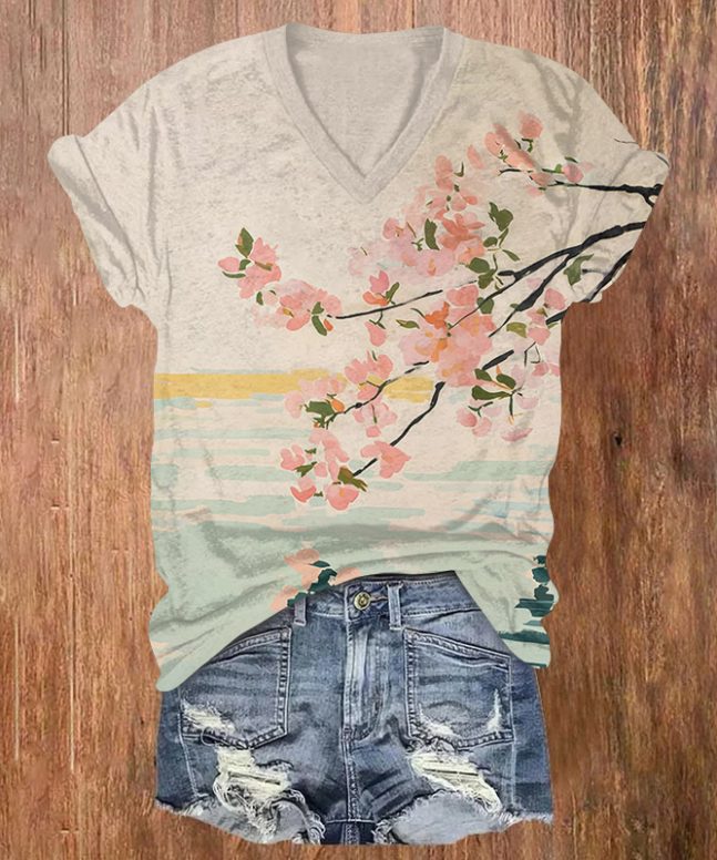 Japanese Watercolor Peach Blossom Art Print Short Sleeved V-neck T-shirt